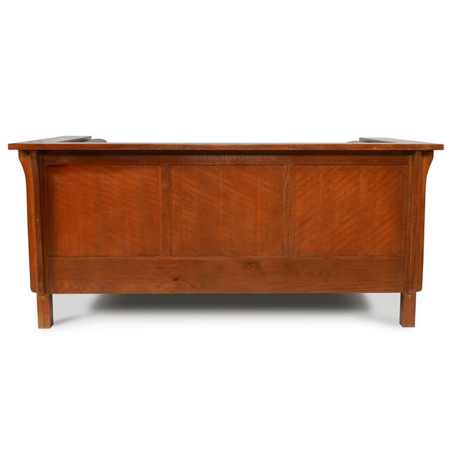 Crafters and Weavers Arts and Crafts Craftsman Cubic Panel Side Love Seat in Chestnut Brown Leather For Sale - Image 4 of 5