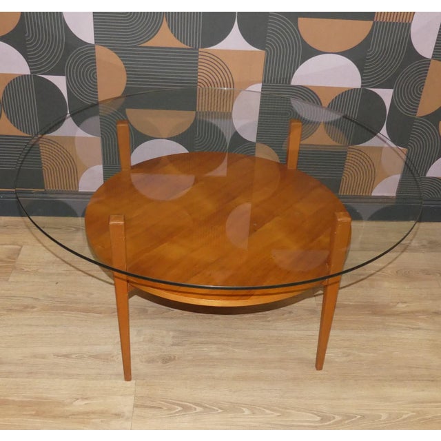 Tan Mid-Century Moderm Coffee Table in Glass and Wood with Tapered Round Legs, 1960s For Sale - Image 8 of 16