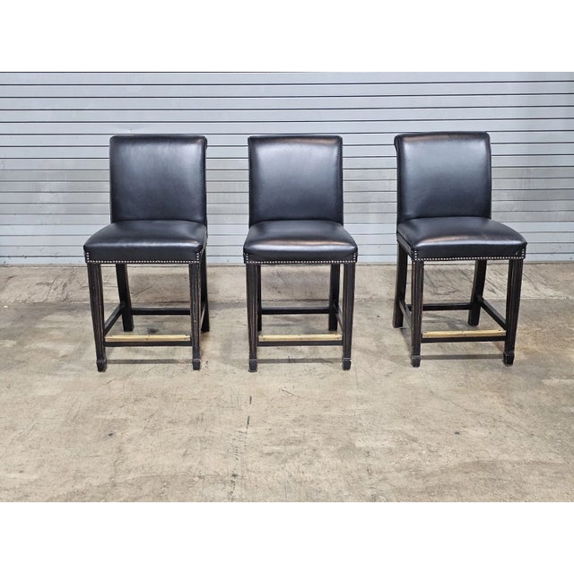 Store Item: Set of Three Statesville Mahogany Frame Black Leather Bar Stools Counter Stools made in North Carolina...