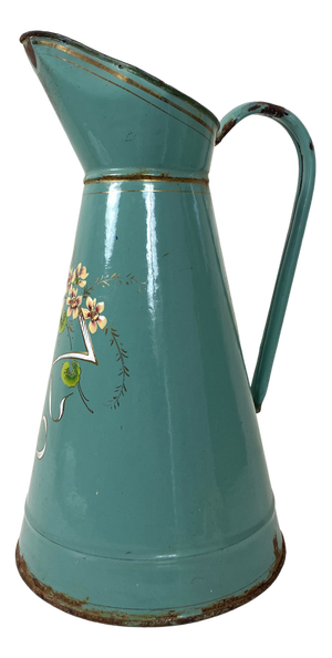 French Enamel Water Jug with Flower Decor, 1930s