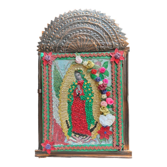 Large Mexican Devotional Nicho With Pressed Copper Frame For Sale
