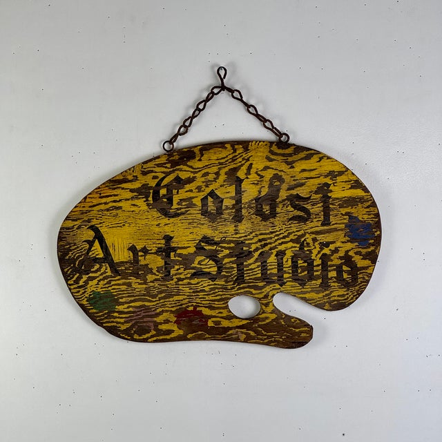 Yellow Double Sided 19th Century "Colosi Art Studio" Wood Trade Sign in Shape of Artist Palette For Sale - Image 8 of 11