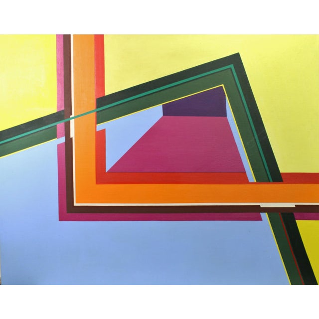 Bold and bright acrylic painting, featuring a geometric composition with an array of stripes of color. Acrylic painting on...