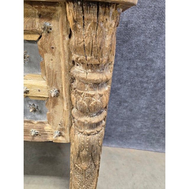 Solid Reclaimed Wood Console, Tv Stand, Carvings, One of Kind. For Sale - Image 4 of 14