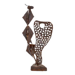 Illegibly Signed Brutalist Metal Sculpture For Sale