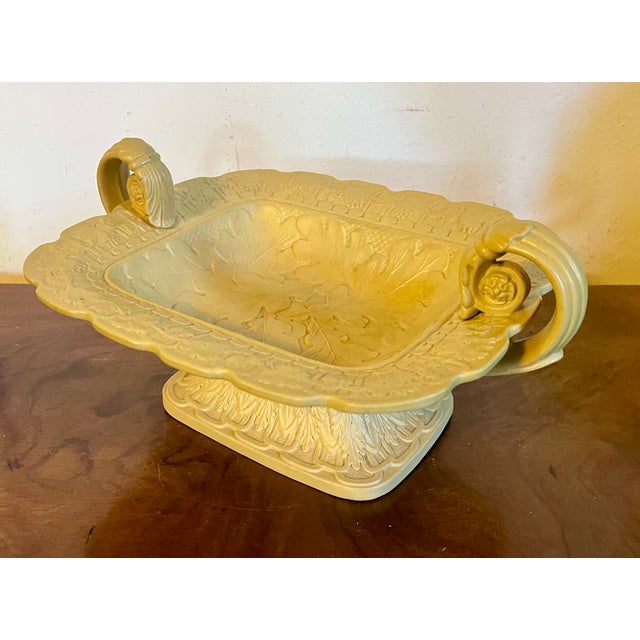 Tan Antique 19th Century English Drabware Footed Tazza Compote With Relief Molded Oak Leaves and Grape Vine Border For Sale - Image 8 of 13