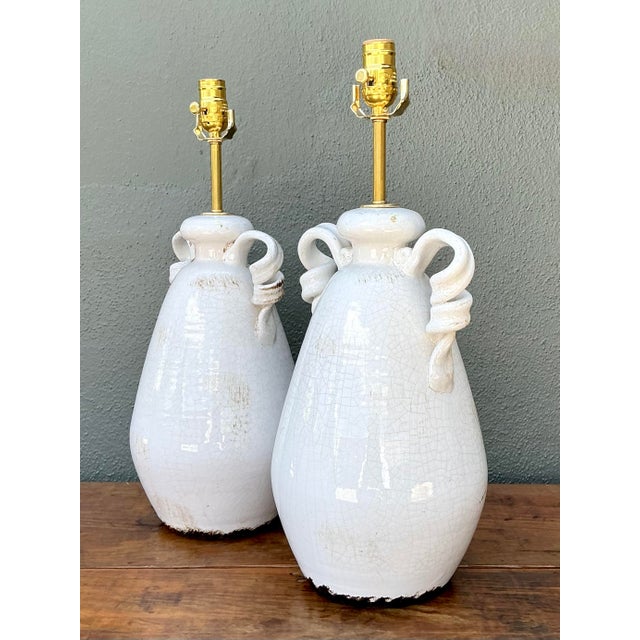 Metal Vintage Crackle Glaze Ceramic Lamps - a Pair For Sale - Image 7 of 12