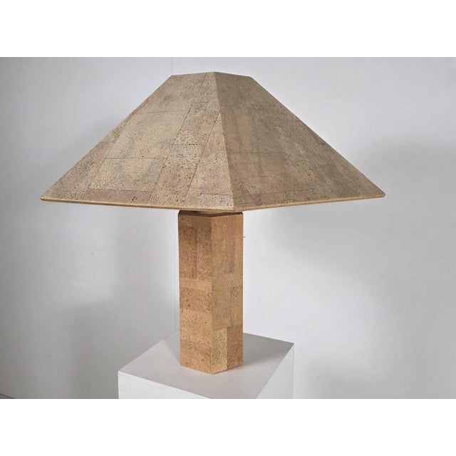 Large hexagonal cork table lamp by Ingo Maurer for Design M, Germany, 1974. This sculptural table lamp is constructed from...
