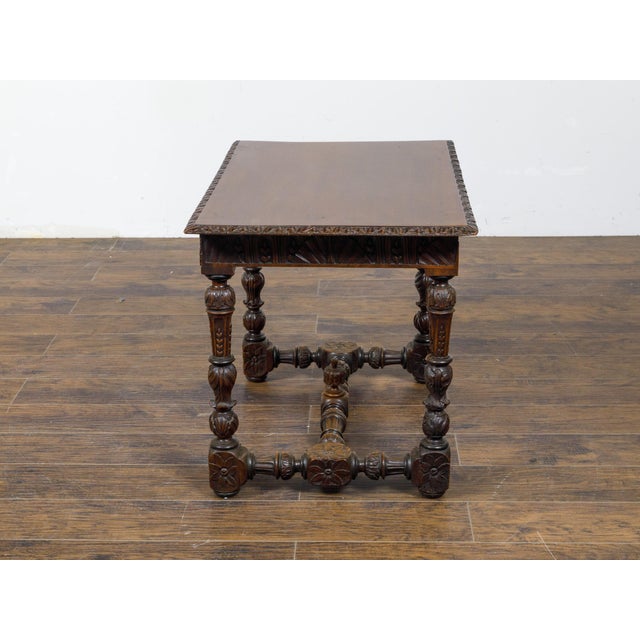 French 19th Century Walnut Side Table with Carved Apron and H-Form Stretcher For Sale - Image 9 of 12