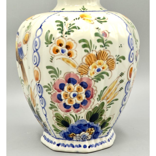Delft Early Dutch Hand Painted Delft Chinoiserie Polychrome Vase With Birds For Sale - Image 4 of 12