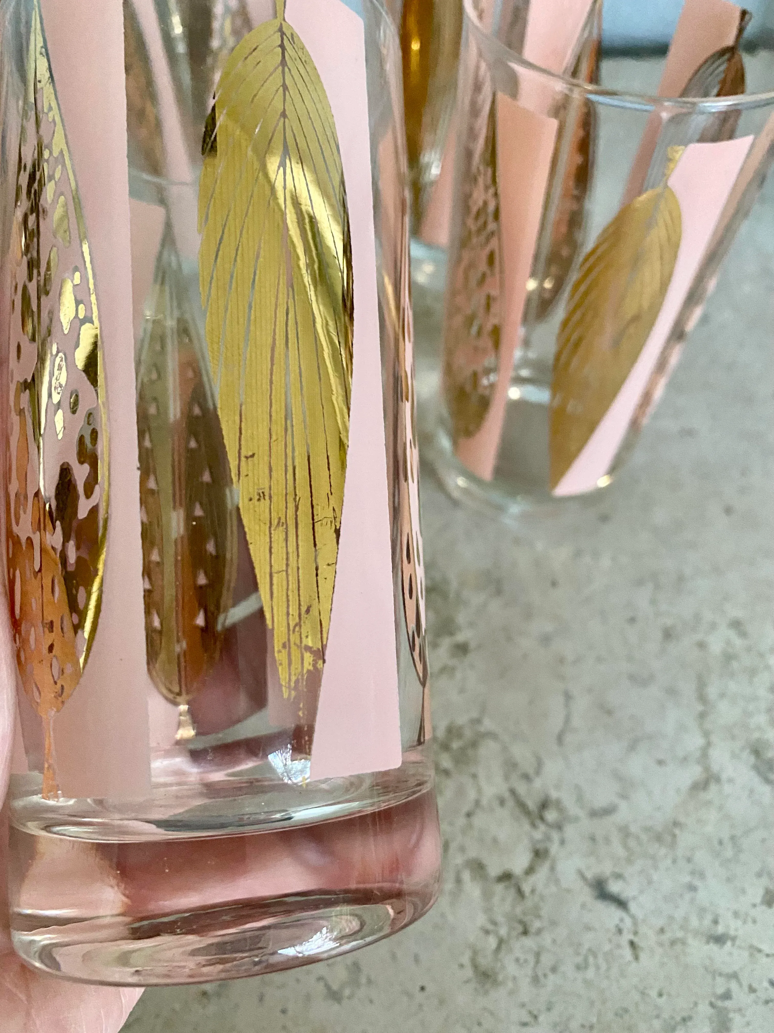 Mid-Century Fred Press Signed Pink & Clear 22-Karat Gold Leaves Glasses-  Set of 6