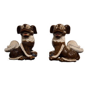 Pr. Of Asian Antique Hand Crafted Brown and White Foo Dog Statues