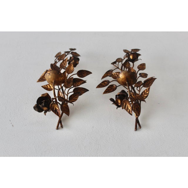 Late 20th Century Hans Kögl Style Gilded Flowers Stems Leaves Wall Mount Candle Holders Sconces - a Pair For Sale - Image 10 of 18