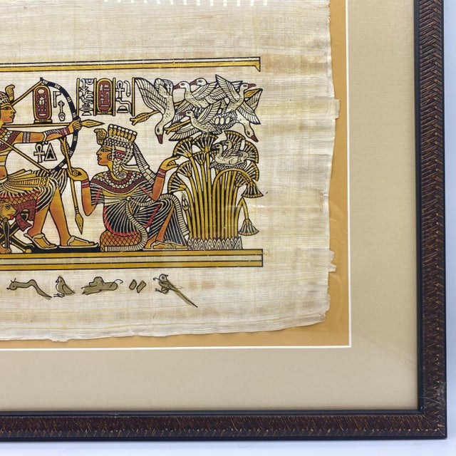 Gold Framed Hand-Painted Egyptian Papyrus King Tutankhamun and Queen Ankhesenamun in a Traditional Royal Hunting Scene by Khedn For Sale - Image 8 of 10