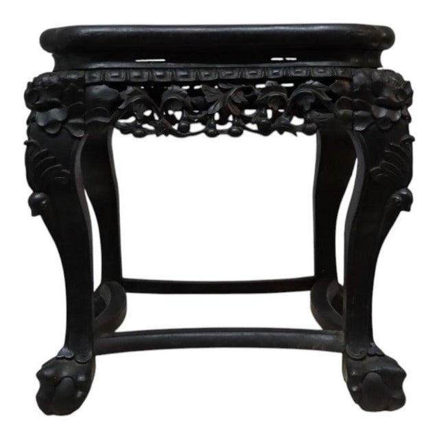 Antique Chinese Floral Carved Rosewood & Rouge Marble Top Side Table C1920 For Sale - Image 9 of 11