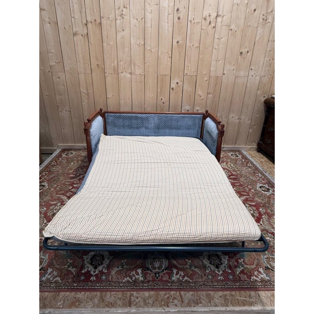 1980s Louis XVI Style Sofa Bed in Mahogany-Stained Beechwood and Blue Velvet, 1980s For Sale - Image 5 of 9