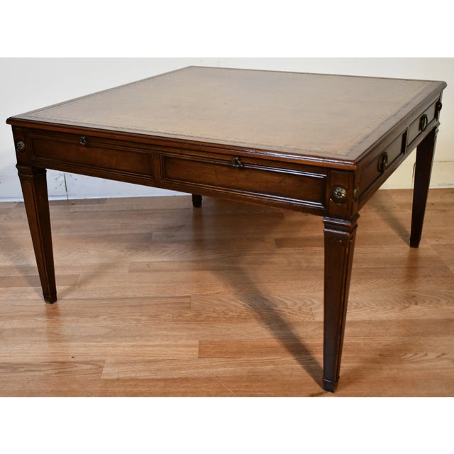 1940s Baker Regency Mahogany & Leather Top Coffee Table With Pull-Out Tray For Sale - Image 11 of 12