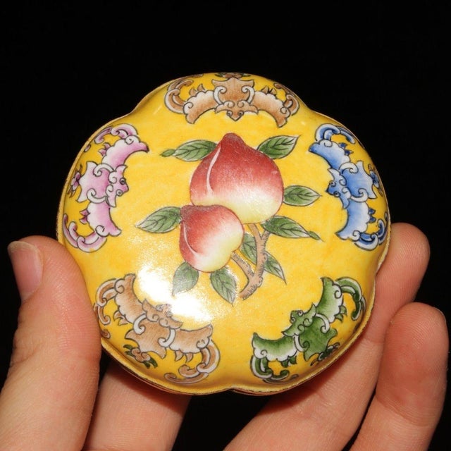 Cloisonné Enamel Trinket Box | Yellow Peach & Bat Motif | 2.5" Wide For Sale In Los Angeles - Image 6 of 9