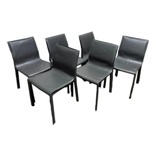 Set of 6 Chic Modern Gray Leather Stitched Dining Chairs For Sale