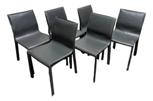 Set of 6 Chic Modern Gray Leather Stitched Dining Chairs