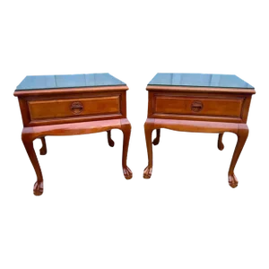 Pair Solid Rosewood End-Side Tables With Glass Top . 1970s