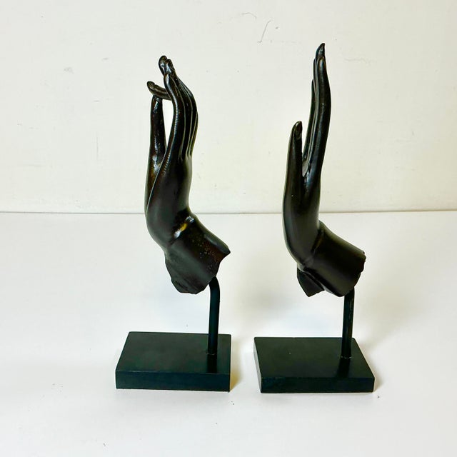 Coffee Mid-Century Asian Boho Chic Cast Metal Buddha Hand Sculpture - Set of 2. For Sale - Image 8 of 13