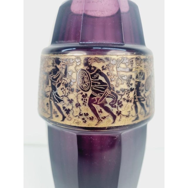 Brushed amethyst coloured Moser glass vase with gold appliqué overlay, art deco style from the 1930s. Signed on the bottom...