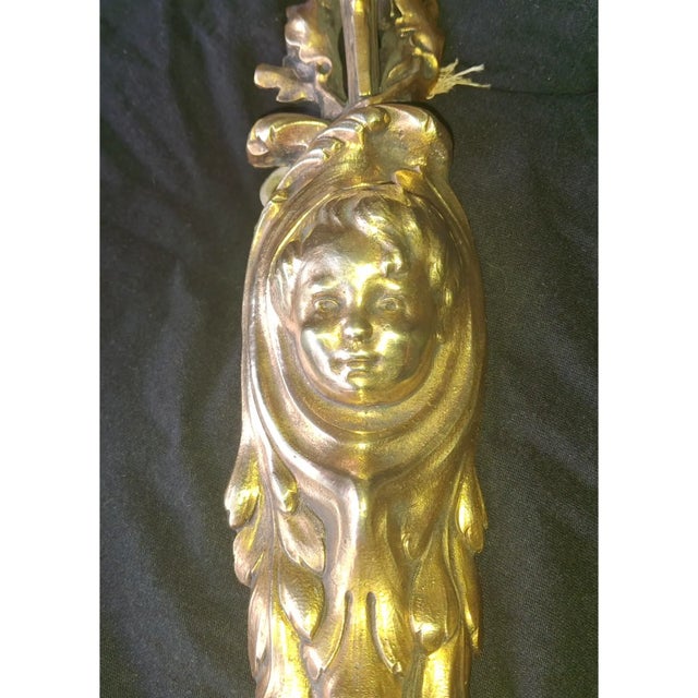 19thc French Art Nouveau Gilt Bronze "Beautiful Baby Face" Figural Wall Sconce with Designer Period Art Glass Shade. Very...