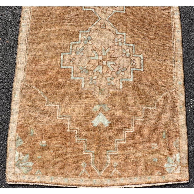 Measures: 2'11 x 10'7 Antique Turkish Kars Runner with Faded Taupe and Pale Aqua Geometric Medallions. Keivan Woven Arts /...