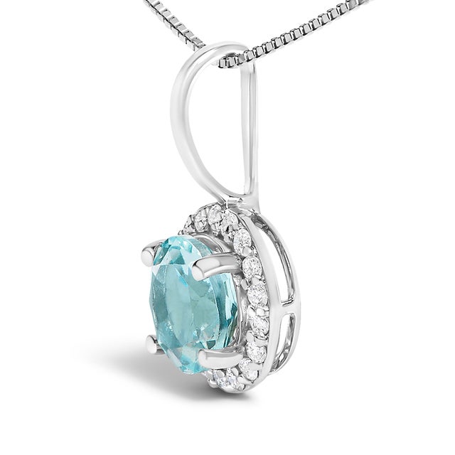 10K White Gold Blue Aquamarine and 1/10 Cttw Diamond Accent Halo Pendant Necklace For Sale - Image 4 of 5