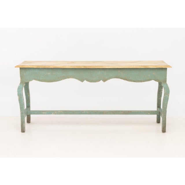 Niermann Weeks French Provincial Style Painted Wood Console Table, with faux travertine top on green painted base with...