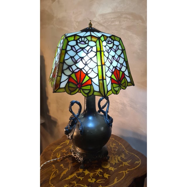 Art Nouveau Bronze Caryatid Lamp with Stained-Glass Glass Shade in the style of Tiffany, 1900s For Sale - Image 14 of 14