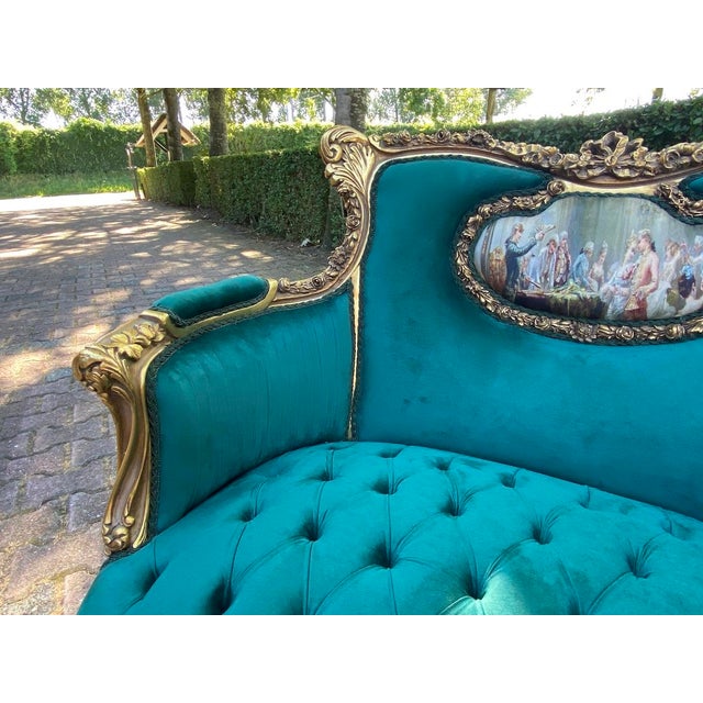 Green 1980 French Artisan Louis XVI Gold Green Velvet Settee For Sale - Image 8 of 12