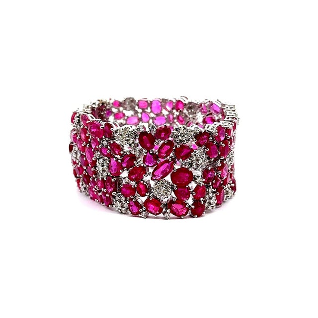 Wide Ruby Diamond 18k White Gold Cluster Bracelet For Sale - Image 4 of 5