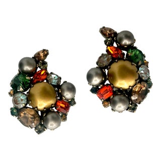 1940s SIgned Kramer Colorful Rhinestone and Pearl Teardrop Clip Earrings - 2 Pieces For Sale