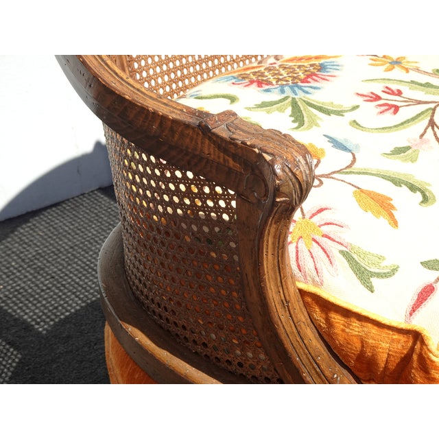 Wood Antique French Louis XV Style Cane Settee Loveseat W Down & Orange Floral Fabric For Sale - Image 7 of 17