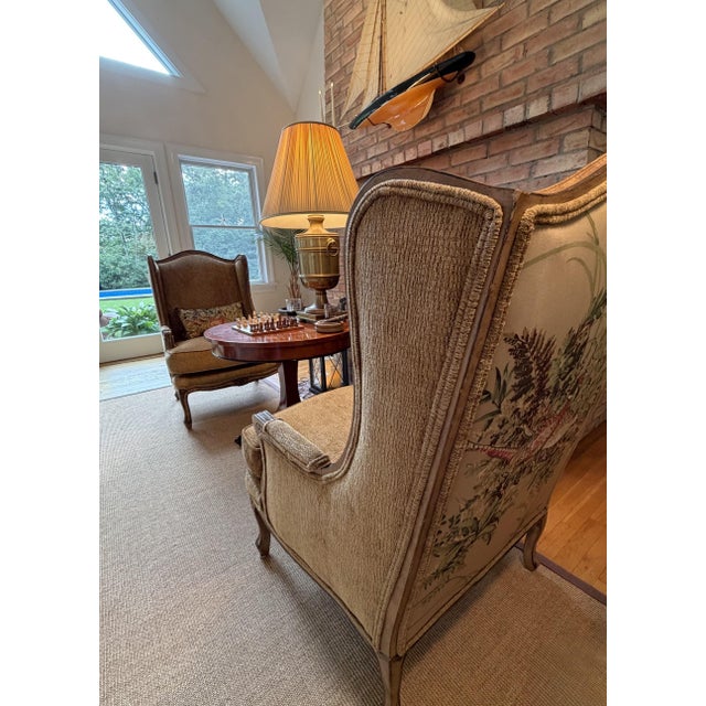 2000 - 2009 Pair of Custom Louis XV–Style Wingback Bergère Chairs With Botanical Pheasant Upholstery For Sale - Image 5 of 18