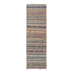 Mid 20th Century Vintage Hand Woven Turkish Kilim Runner With Stripe and Modern Motif Design