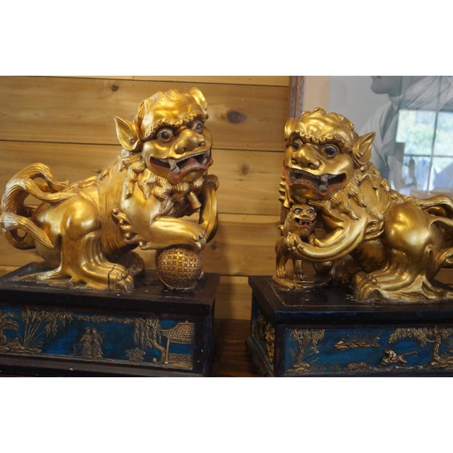 1940s Large Pair of 1940s Japanese Carved Wood Foo Dogs For Sale - Image 5 of 11