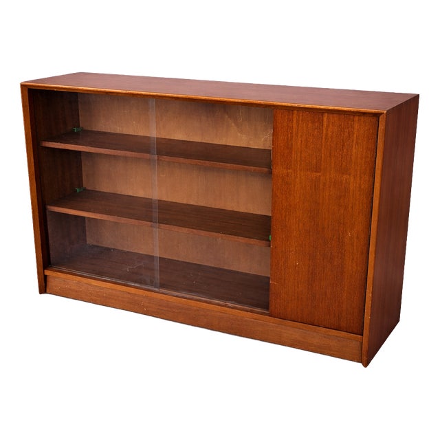 Mid-Century Teak Sliding Door Bookcase with Glass Front by Herbert Gibbs, 1970s For Sale