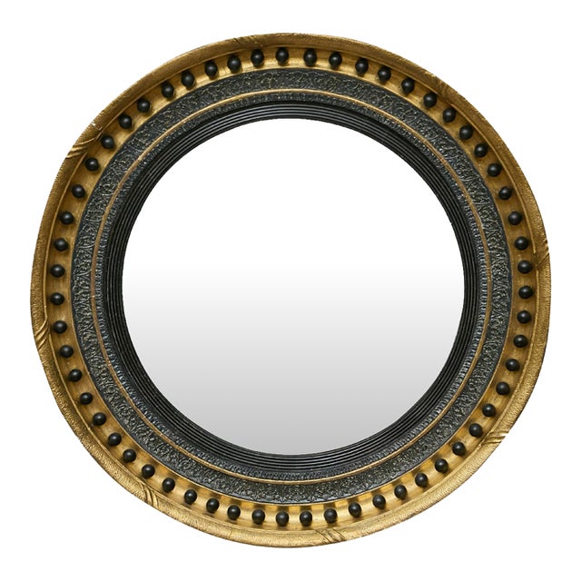 English Giltwood Convex Mirror With Ebonized Bosses, 19th Century For Sale