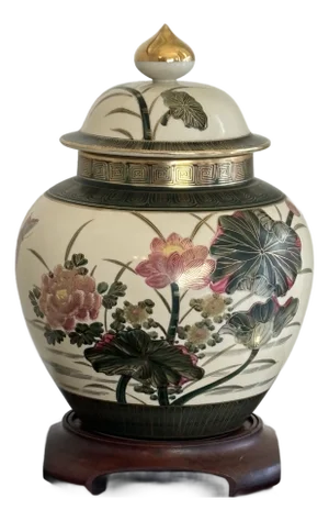 Large Late-20th Century Japanese Satsuma-Inspired Ginger Jar W/ Wooden Stand