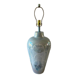 Large Raku Pottery Table Lamp With Iridescent Pastel Glaze