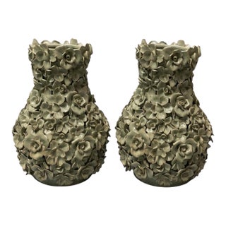 Vintage Italian 20" Encrusted Floral Ceramic Urn Vases - Pair in Muted Sage Green For Sale