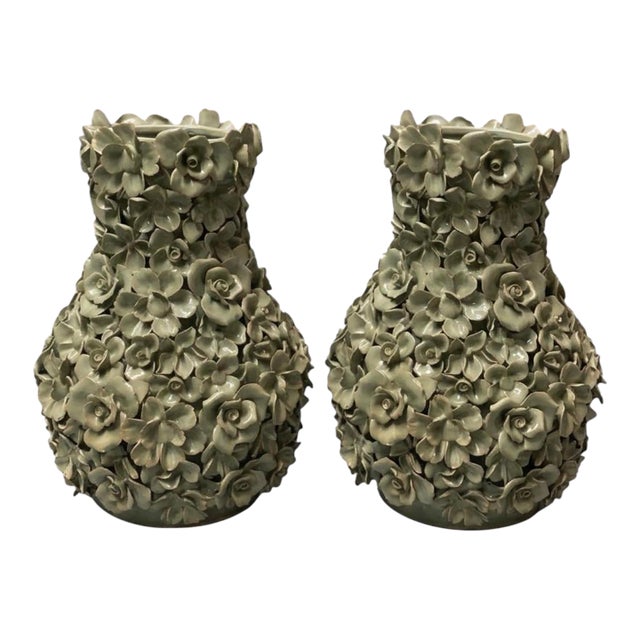 Vintage Italian 20" Encrusted Floral Ceramic Urn Vases - Pair in Muted Sage Green For Sale