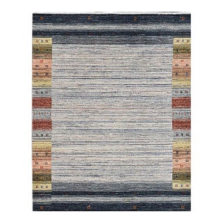 8x10 Gray Hand-Knotted Wool Framed Horizon Lines Modernist Carpet Rug For Sale