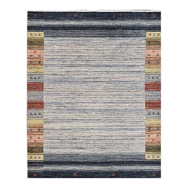 8x10 Gray Hand-Knotted Wool Framed Horizon Lines Modernist Carpet Rug For Sale
