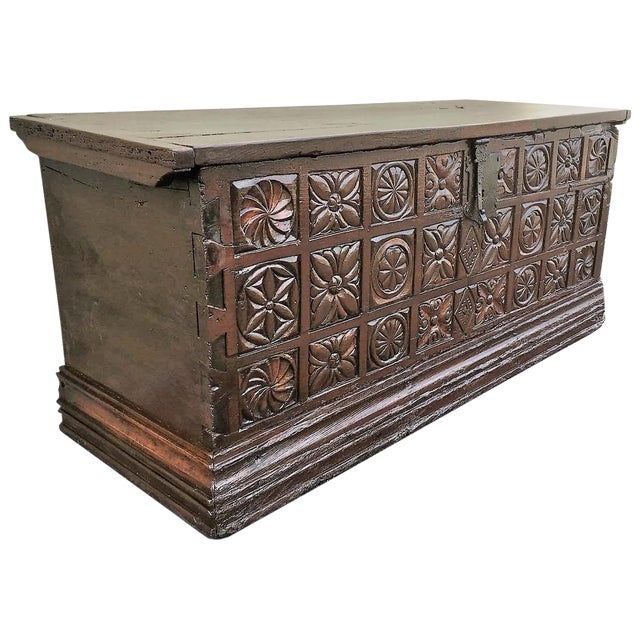 17th Century Spanish Baroque Savoy Hand Carved Chest Trunk For Sale