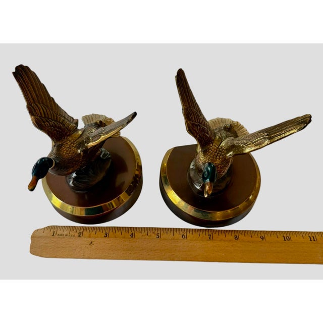 ​Mid 20th Century Solid Brass Mallard Ducks in Flight Bookends Attributed to Pm Craftsman - A Pair For Sale - Image 10 of 12