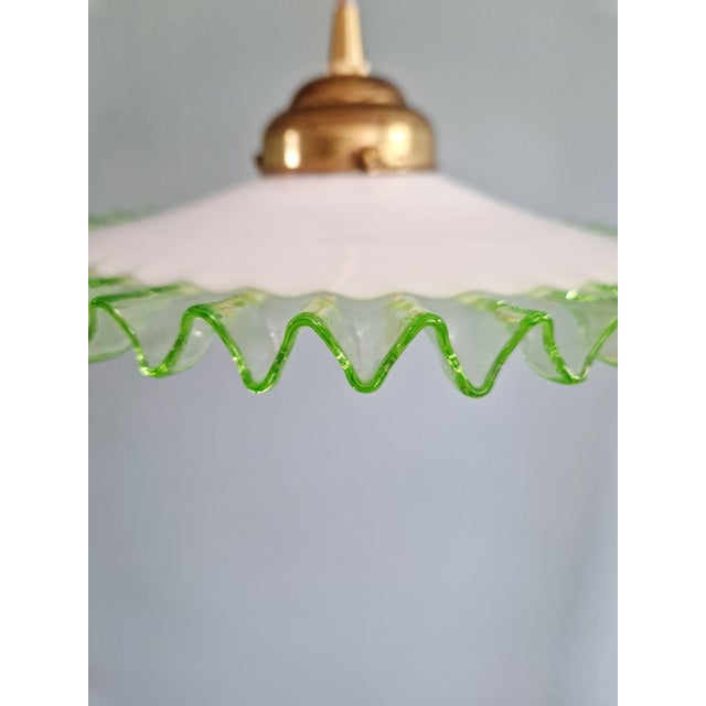 Glass Art Deco Pendant Light in White Opaline Glass and Uranium Glass, France, 1920s For Sale - Image 7 of 12
